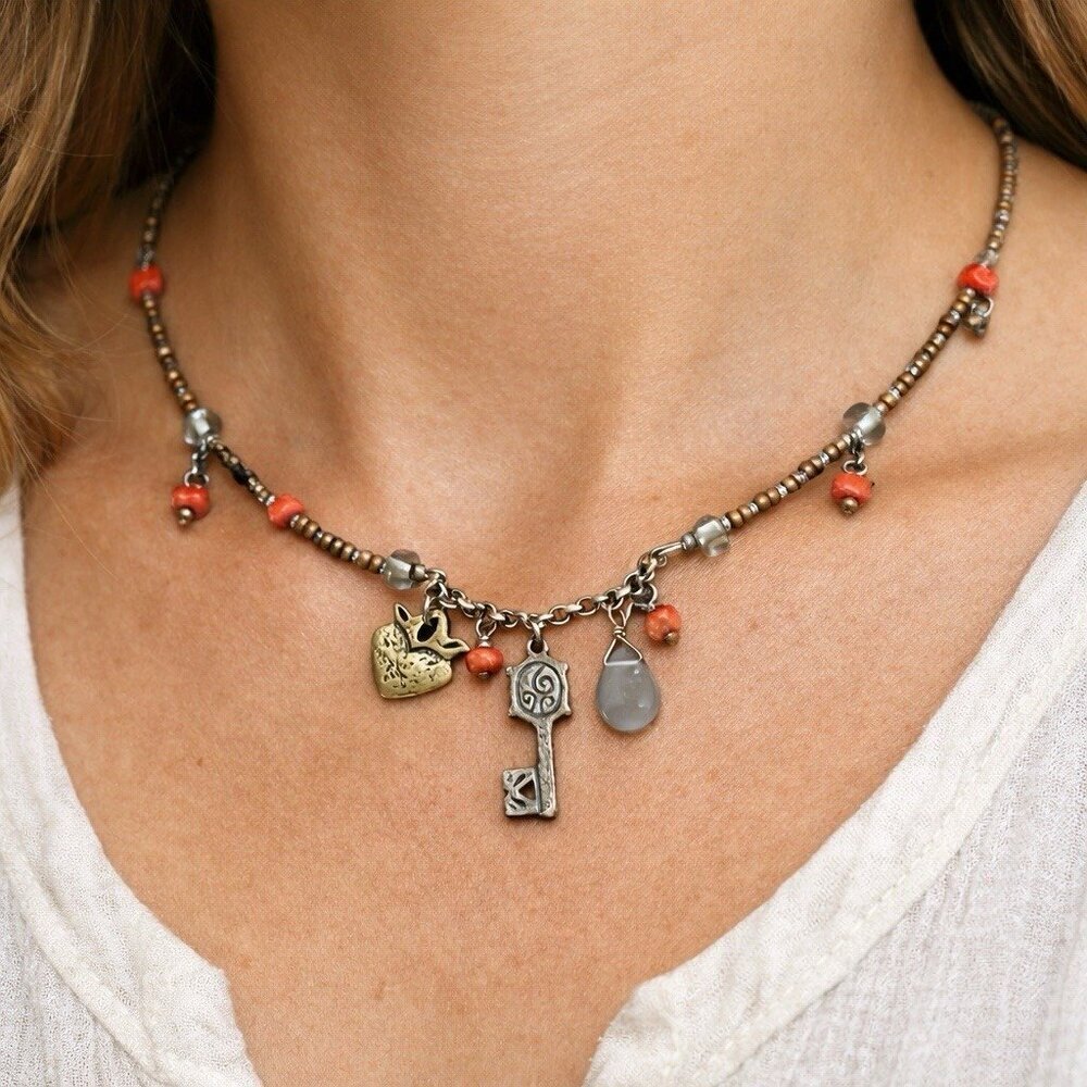 Peyote Bird for Silpada Necklace Key To Your Heart Beaded Sterling Silver Coral